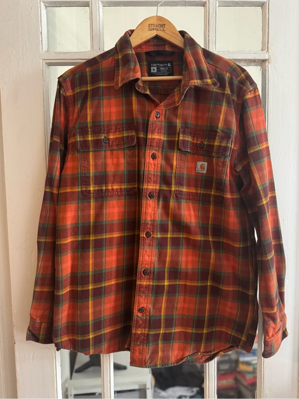 CARHARTT Orange and Brown Plaid Button-Down Work Shirt